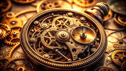 Obraz premium Sepia-toned close-up of an antique Soviet pocket watch mechanism, intricate gears and parts visible.
