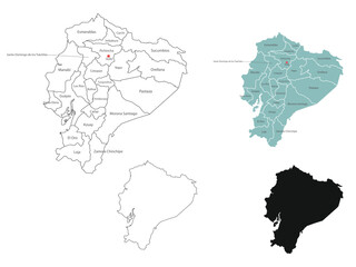 4 style of Ecuador map  have all province and mark the capital city By thin black outline simplicity style and dark shadow style vector illustration
