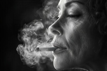 Fototapeta premium a woman captured in a moment of contemplation while smoking a cigarette tendrils of smoke curling around her reflecting a mood of relaxation and introspection