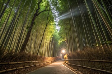 Serene Bamboo Grove Path: Sunrise Sunlight Through Lush Green Canopies