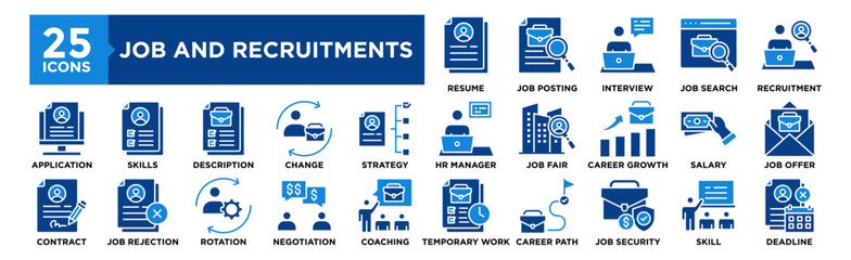 Job Recruitment icon collection set. Containing design career, job, employee, recruitment, business, interview, hiring	