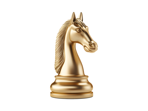 Golden chess horse statue isolated on transparent or white background, png