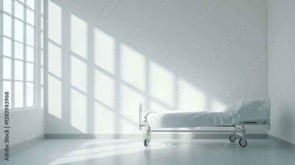 Aufkleber empty hospital bed in a white room with sunlight streaming through the window, creating a serene and