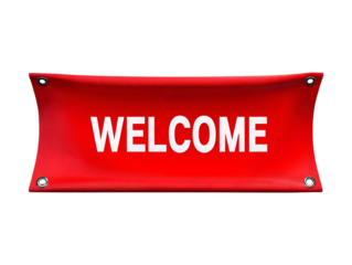 Red welcome banner isolated on transparent or white background, png