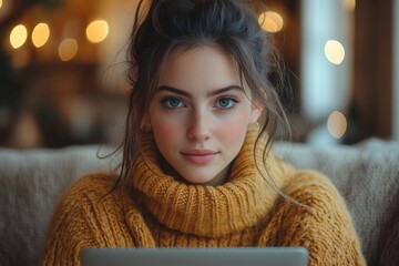 a woman sitting comfortably on a couch with a laptop her joyful demeanor radiating happiness and productivity set against a cozy and inviting living space