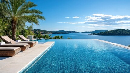 Obraz premium Luxury villa infinity pool, ocean view, Croatia, relaxation