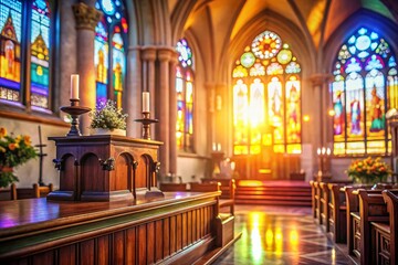 Obraz premium Serene Church Interior with Soft Bokeh Lighting: Stock Photo