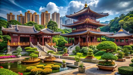 Obraz premium Serene Chi Lin Nunnery: Stunning Hong Kong Buddhist Temple with Deep Depth of Field