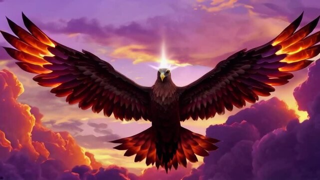 A large red eagle with a golden halo flying in the sky. The image has a mystical and spiritual feel to it