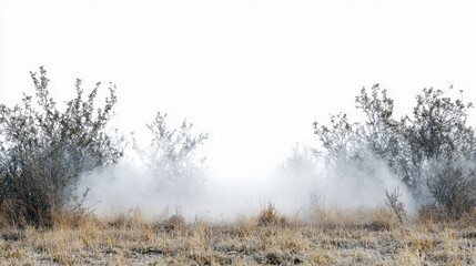 Misty Winter Landscape Foggy Field with Silhouetted Shrubs and Trees