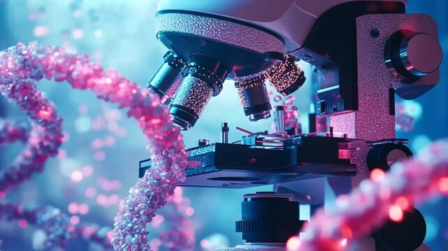Microscope and DNA Strand: A close-up shot of a powerful microscope, its lenses focused on a glowing, double helix DNA strand.  The image is bathed in a vibrant, cool-toned light.