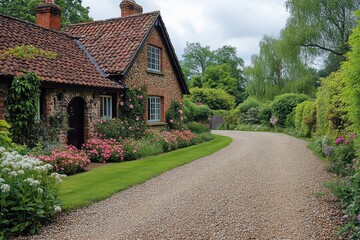 A countryside home with a flowering hedge and gravel driveway.