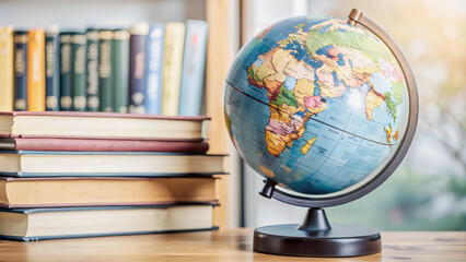 A globe sits amidst a collection of books, symbolizing the vast expanse of knowledge and global interconnectedness.Books and a globe, a perfect pairing for exploring the world through learning.
