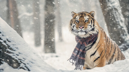 Obraz premium A majestic tiger, adorned with a warm scarf, stands amidst a snowy forest, snow falling softly around it.