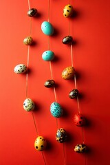 Minimalist Design Featuring Colorful Decorative Eggs for Chinese New Year Celebration with a Bold Red Background and Elegant Border Elements