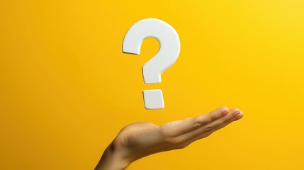 Hand Holding a White Question Mark on a Vibrant Yellow Background