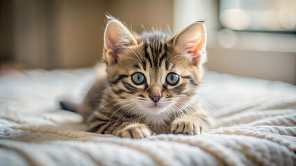 A tiny tabby kitten, eyes wide with curiosity, rests on a soft, textured blanket.Close-up view of a kitten's expressive face, showcasing its soft fur and large, curious eyes.