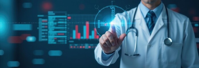 Doctor touching medical healthcare and data analytics graph interface