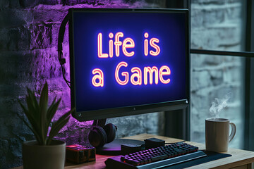 Neon sign displaying "Life is a Game" on computer screen; gaming setup with headphones, keyboard, and coffee; motivational concept.