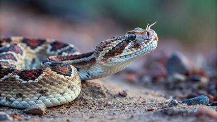 Naklejka premium A venomous snake, its head and upper body in sharp focus, against a blurred background of desert terrain.Close-up of a snake's scales, revealing a complex pattern of browns, creams, and reds. 