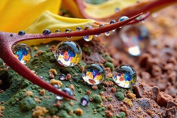  Water Droplets on Plant: A Macro Photography of Water Beads Forming on a Red-Tipped Leaf in a Garden Setting