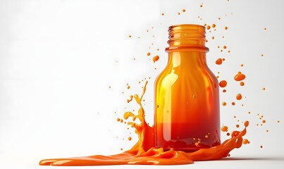 Orange liquid splashing from a glass bottle.