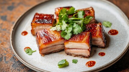 An elegant plate featuring crispy pork belly slices, garnished with fresh herbs and a drizzle of sweet chili sauce, presented against a rustic background to highlight the dish's appeal.