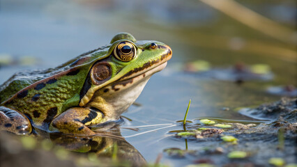 Fototapeta premium Close-up of a frog, showcasing its vibrant green and brown camouflage.A frog rests in shallow water, its eyes alert and focused.