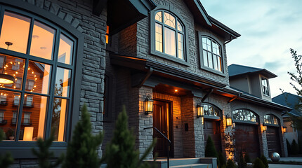 Fototapeta premium Luxury Home Exterior at Night: Modern Stone Facade, Elegant Design, and Warm Lighting. Real Estate Photography