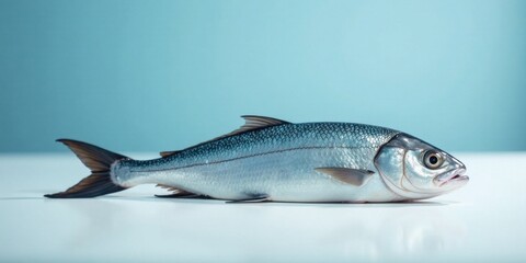 Fototapeta premium Single fresh silvery fish on a white surface against a pale blue background