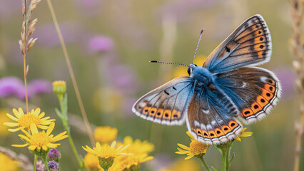 Obraz premium Close-up view of a butterfly with a mix of blue, brown, and orange hues, perched amidst a field of wildflowers.Butterfly wings, detailed and colorful, against a soft background of wildflowers. 
