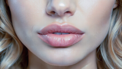 Close-up view of a woman's lips, showcasing a soft, natural lip color.Perfectly shaped lips, with a subtle sheen, suggesting a professional makeup application.