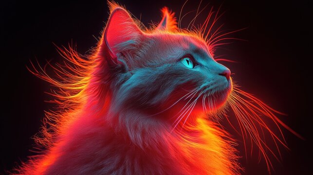 Fiery Cat Profile, Dark Background, Digital Art, Wallpaper