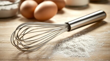 Close-up of a Metal Whisk on a Wooden Surface with Flour and Eggs