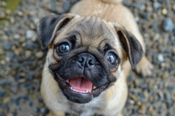 Obraz premium Small pug puppy looking up with open mouth showing its pink tongue, standing on gravel