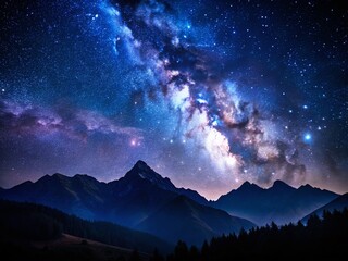 Serene Night Sky: Silhouetted Mountains & Starry Tranquility - Stock Photo