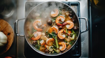 An overhead shot of a steaming pot of tom yum goong bubbling on the stove, with fresh shrimp, mushrooms, and lemongrass, showcasing the aromatic ingredients of this beloved soup.