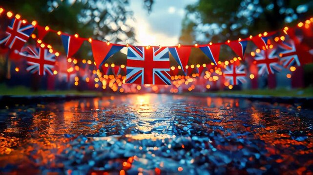 Festive British bunting with Union Jack flags and string lights, creating a vibrant celebratory atmosphere after rain