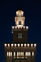 Obraz premium Night view of Castello Sforzesco (Sforza's Castle) a medieval fortification located in Milan, northern Italy. Details. It was built in the 15th century by Francesco Sforza, Duke of Milan 