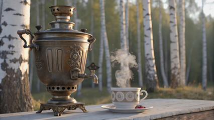 Obraz premium Rustic elegance- A vintage samovar, a delicate teacup, and the backdrop of a serene forest.Forest tea- A samovar, a cup of tea, and the tranquil atmosphere of a birch forest.