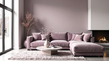Modern Sectional Sofa in a Cozy Living Room with Soft Pink Walls and Fluffy Rug