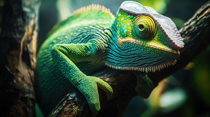 Obraz premium Vivid Green Chameleon with Scales Resting on Tree Branch in Natural Habitat