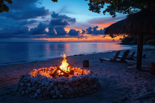 A cozy fire pit on a beach with roasting marshmallows.