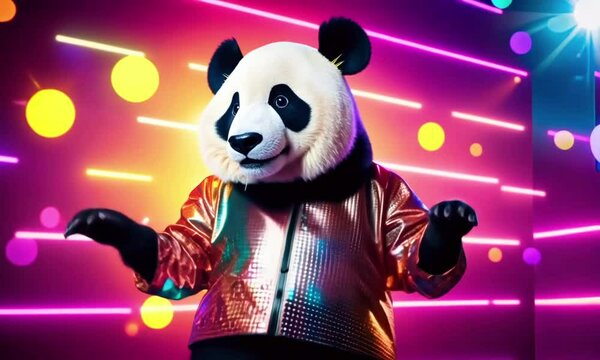 A panda in a shiny disco outfit dances under a glittering disco ball with vibrant, colorful lights and groovy moves