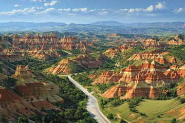 Striped canyons and winding road in a vast landscape.