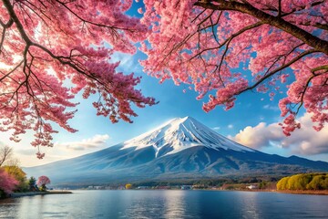 Serene Spring: Pink Cherry Blossoms and Majestic Mount Fuji in Watercolor Style