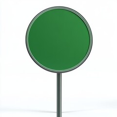 Blank green circular sign on a pole, isolated on white background.