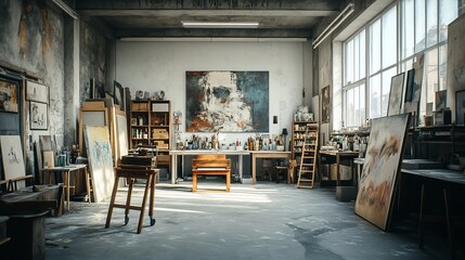 Artist's studio, paintings, daylight, workshop, creative space, interior