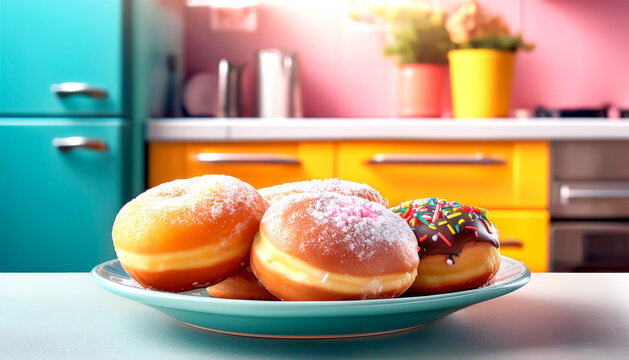 Ein Teller Kreppel, Berliner, Krapfen, in der K&uuml;che 