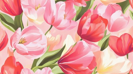 Mini pink tulip pattern, vibrant floral design, delicate blossoms, soft pastel hues, intricate details, perfect for textiles and backgrounds